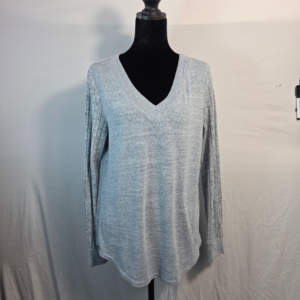 WIHOLL Womens Blue Marled V-Neck Long Sleeve Ribbed Knit Top Medium